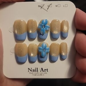 Handmade Blue Shiny French Tip Press On Nails Size Small (008)
